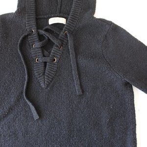 Black Knit Hoodie With Lace Up Neckline